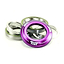 The Tilt Integrated Stunt Scooter Headset - Purple features a vibrant purple dust cover emblazoned with the "Tilt" logo, standing out amongst various silver components. This striking headset beautifully contrasts with its metallic parts and presents campy spec bearings in an eye-catching, casual setup.