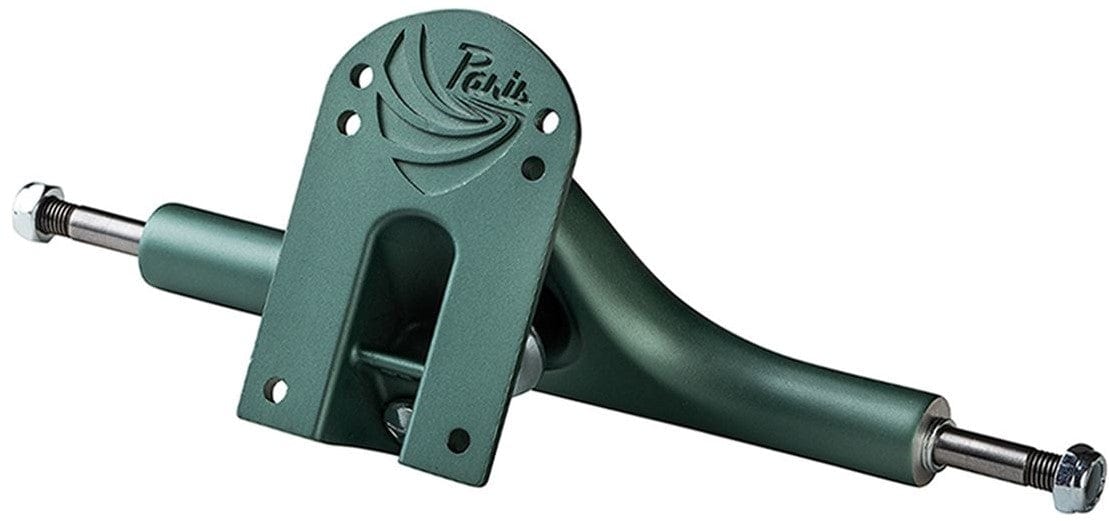 The Paris V3 Sage Green Longboard Truck, with the brand name elegantly engraved on the hanger, is crafted using a proprietary alloy forming process. Set against a plain white background, it showcases the baseplate and kingpin, reminiscent of the renowned durability found in Paris longboard trucks.