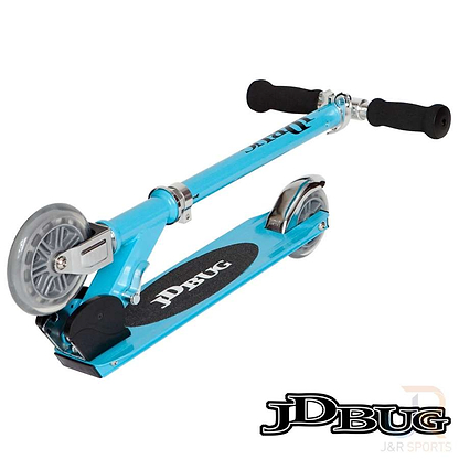 The JD Bug Junior Street MS100 Kids Foldable Kick Scooter in Sky Blue features a vibrant blue frame, black handlebars, a JDBug logo on the textured footplate, and sleek silver wheels for compact portability.