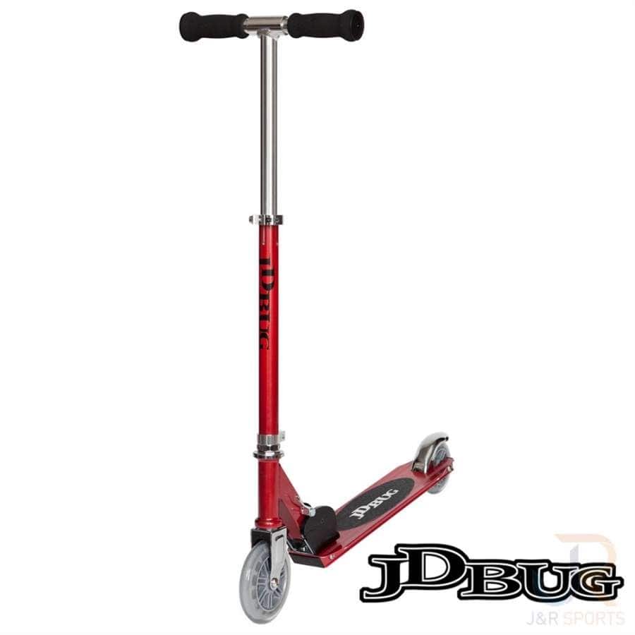 The JD Bug Junior Street MS100 Kick Scooter in Red Glow Pearl features a foldable design with black handlebars, silver accents, clear wheels, and the JD Bug logo on the deck and handles. It's a sleek ride perfect for kids.