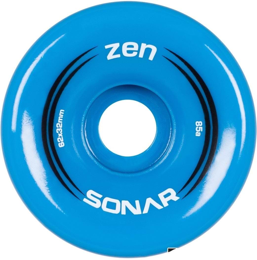 Introducing the Radar Sonar Zen 85A Quad Roller Skate Wheels in a striking royal blue, featuring "Zen" and "Radar Sonar" printed in white. The wheel is highlighted by black accents around its central hole and showcases measurements of 62x32mm with a hardness rating of 85A, making it an ideal choice for outdoor quad skating fun.