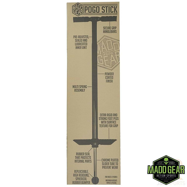 The packaging for the Madd Gear MGP Pogo Stick - Black / Pink displays a printed black silhouette of the pogo stick and emphasizes features such as secure grip handlebars, an adjustable spring assembly, durable foot pegs, and a high-grade alloy stem. The Madd Gear (MGP) logo is placed at the bottom right corner.