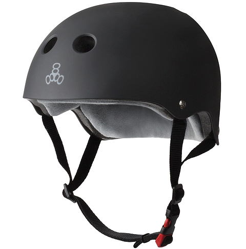 The Triple 8 Certified Sweatsaver Skate Helmet in black is ideal for extreme sports, featuring a sleek design with dual ventilation holes and a comfortable inner padding. It provides dual-certified protection and includes an adjustable chin strap with a quick-release buckle.