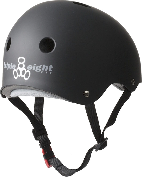 The Triple 8 Certified Sweatsaver Skate Helmet in black provides dual-certified protection. It includes air vents and an adjustable chin strap, making it ideal for extreme sports enthusiasts. The "triple eight NYC" logo is displayed on the side in crisp white.