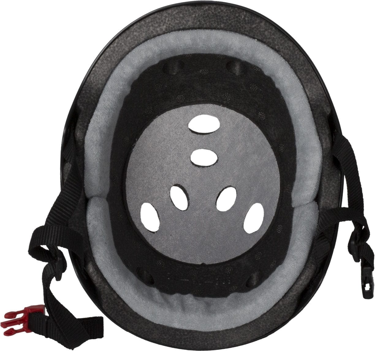 The image displays the interior of a Triple 8 Certified Sweatsaver Skate Helmet in black, featuring gray padding and multiple ventilation holes for dual-certified protection. It includes adjustable black straps with a red buckle, ideal for extreme sports enthusiasts prioritizing safety and comfort.