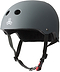 Introducing the Triple 8 Certified Sweatsaver Skate Helmet - Carbon by Triple 8. This helmet features a sleek gray matte finish with ventilation holes and adjustable black straps that include a distinctive red buckle. The side is adorned with a simple white logo, showcasing three interlocking circles. Designed to deliver dual-certified protection, it ensures superior high-impact absorption, making it perfect for both cycling and skating adventures.