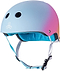 The Triple 8 Certified Sweatsaver Skate Helmet - Sunset boasts a vibrant gradient design, transitioning from light blue to pink. It offers dual-certified protection with high-impact absorbing EPS foam and features two front ventilation holes along with an adjustable white strap secured by a black buckle, providing both style and safety.