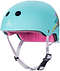 The Triple 8 Certified Sweatsaver Skate Helmet - Teal Hologram offers dual-certified protection. It features a teal shell with black ventilation holes, complemented by a soft pink interior lining. A multicolored stripe decorates the side, and a white adjustable chin strap provides an ideal fit for every adventure.