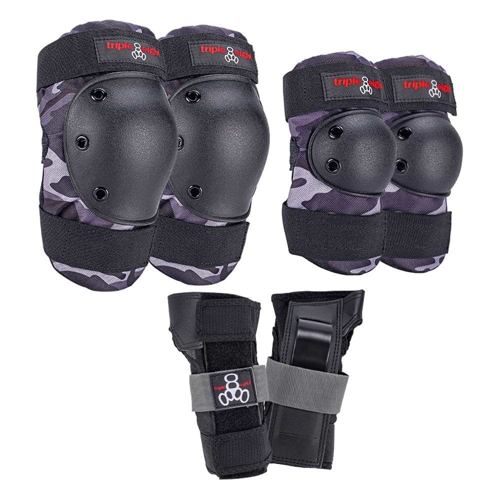 Introducing the Triple 8 Saver Series 3-Piece Skate Protection Pad Set in Charcoal Camo. This set includes knee pads featuring a camouflage pattern, black elbow pads, and wrist guards. Ideal for skating or similar activities, each piece is branded with the "Triple 8" logo to keep you safe and stylish.