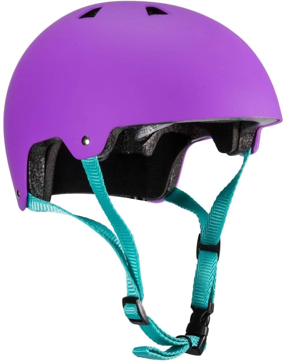 The Harsh ABS Skate/Scooter Helmet in purple has impact-absorbing ABS construction, complete with teal adjustable straps and a black interior lining. It's presented at a three-quarter angle.