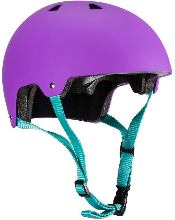 The Harsh ABS Skate/Scooter Helmet in purple has impact-absorbing ABS construction, complete with teal adjustable straps and a black interior lining. It's presented at a three-quarter angle.