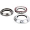 The Dare Fighter Integrated Stunt Scooter Headset from Dare is set up in a triangular shape with three metallic bearings. The top two are different colors, one showcasing a red seal, while the bottom bearing is a shiny silver that has "DAB" inscribed on it.