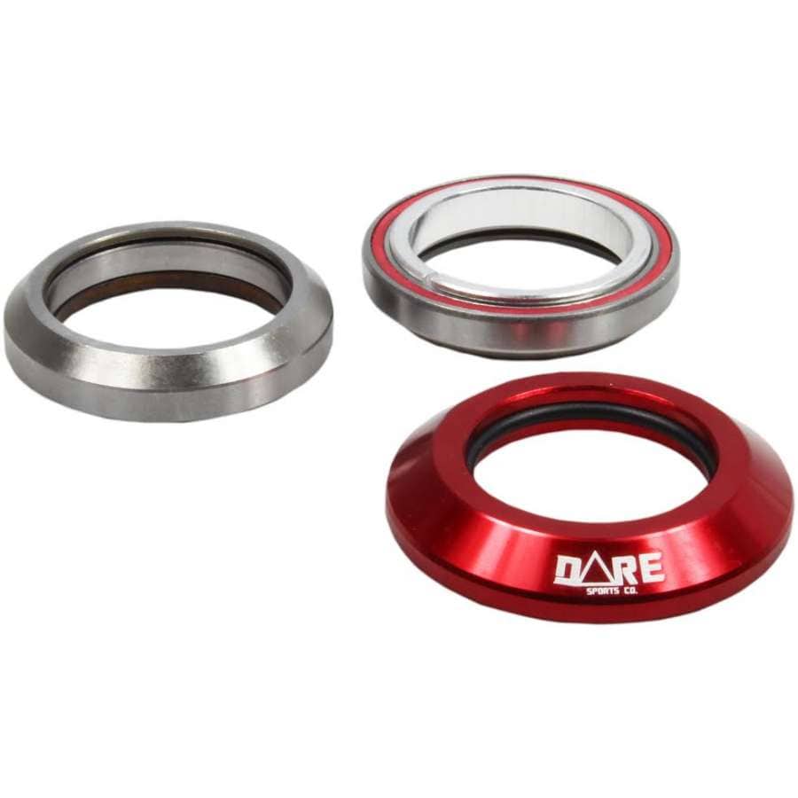 Displayed are three bicycle headset bearings, including two with metallic finishes and one labeled "Dare Fighter Integrated Stunt Scooter Headset - Red" by Dare. Each bearing features an integrated headset design with different thicknesses and inner diameters, making them ideal for both bikes and scooter decks that require fully-sealed bearings.