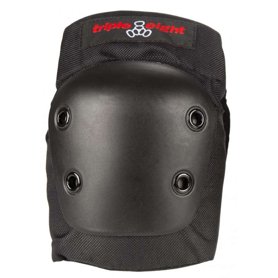 A black knee pad featuring impact-resistant polyethylene caps, reinforced with four rivets. The EVA foam fabric backing provides padded comfort, and the "Triple 8" brand logo is embroidered in red at the top, similar to their Triple 8 Street Elbow Skate Protection Pads - Black.