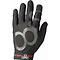 The Triple 8 ExoSkin Skate Protection Gloves - Black, from the brand Triple 8, display a sleek black design with gray circular accents on the back and the words "triple eight" in red on the wrist strap. These gloves feature a reinforced palm for improved grip and are depicted with their palms facing down.