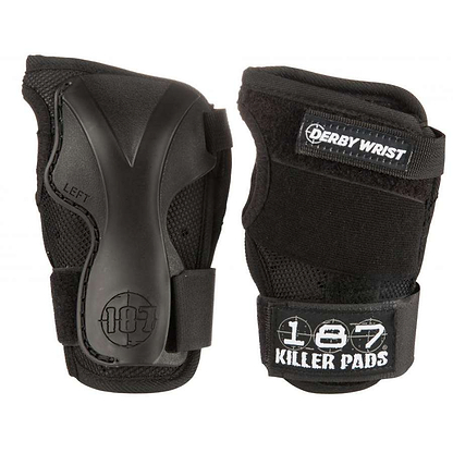 A pair of 187 Killer Derby Wrist Guards - Black, featuring the 187 brand logo on the right pad and a protective plastic shell on the left. Designed for skating or extreme sports, these wrist guards offer a padded interior for enhanced protection.