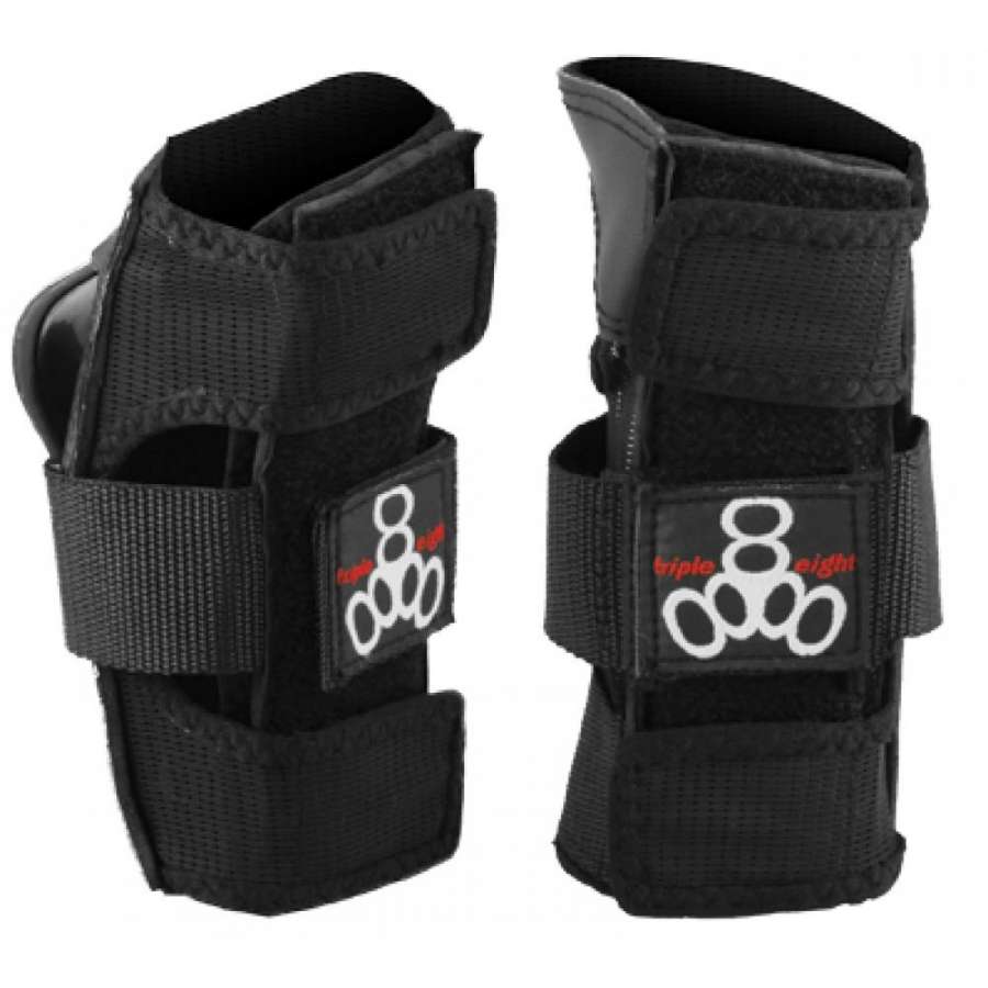 The Triple 8 Wristsaver Skate Protection Wrist Guards in black come with adjustable Velcro straps and are crafted from breathable mesh. They feature the Triple 8 logo with white text and a graphic design, along with shock-absorbing EVA foam for comfort and protection during any activity.