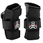 The Triple 8 Wristsaver Skate Protection Wrist Guards in black come with adjustable Velcro straps and are crafted from breathable mesh. They feature the Triple 8 logo with white text and a graphic design, along with shock-absorbing EVA foam for comfort and protection during any activity.