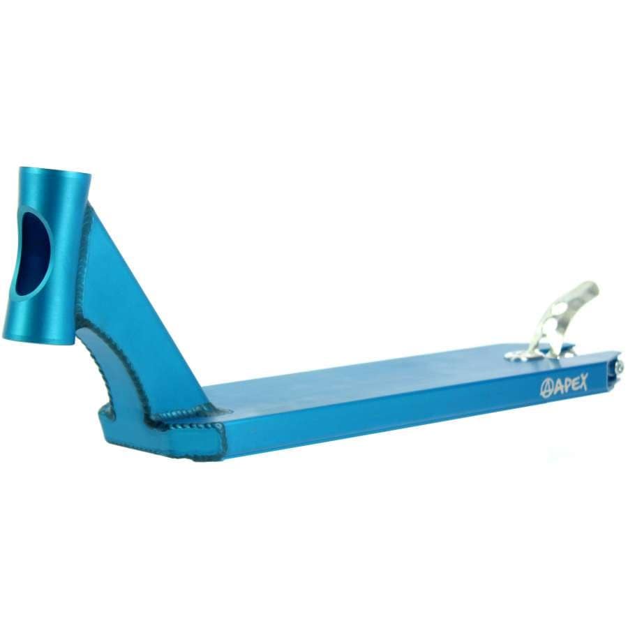 The Apex Pro Blue Stunt Scooter Deck, measuring 4.5" x 20.1", features a silver brake and curved headtube, making it ideal for freestyle scootering. It is renowned for its durability with rugged welding and prominently displays the Apex brand logo on the side.