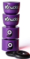 A set of four purple longboard bushings with the Orangatang "Knuckles" branding, made using a high-rebound Randy Thane formula, comes in a vibrant gumdrop shade. Two rubber washers are included alongside the bushings.