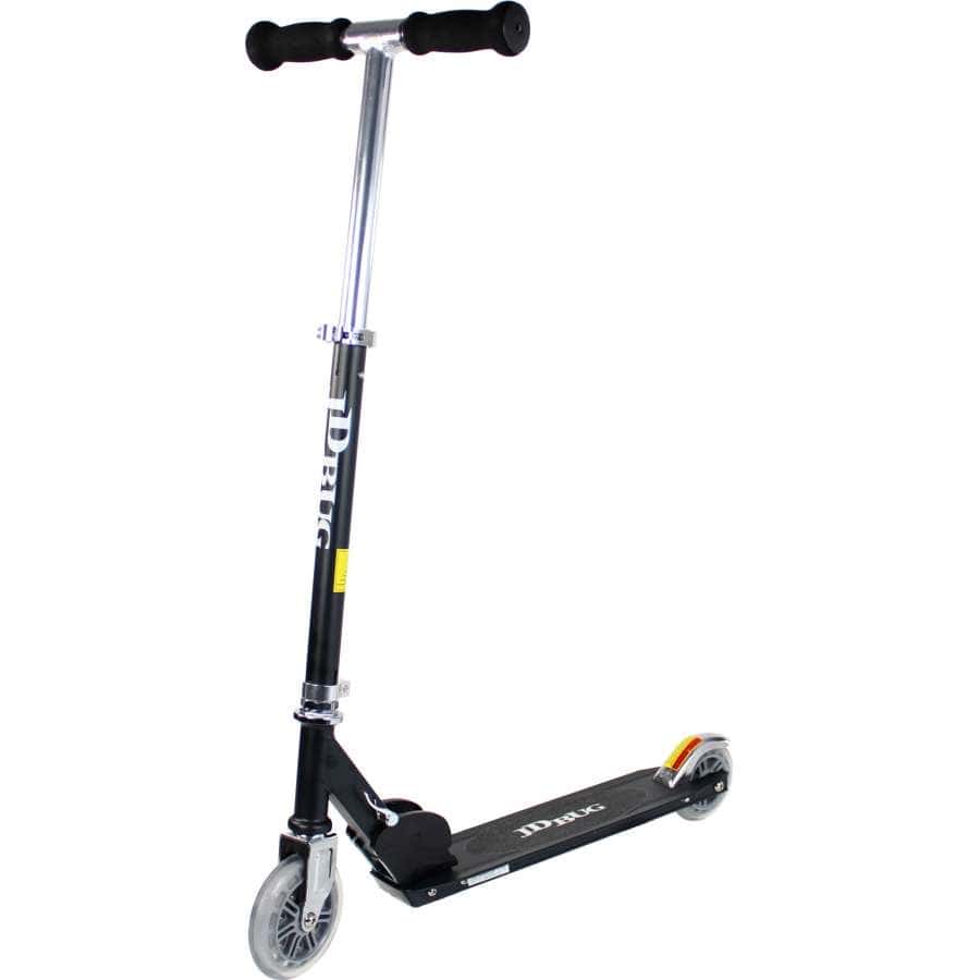 The JD Bug Junior Street MS100 Kids Foldable Kick Scooter in Matt Black is a sleek, two-wheeled design. It features a silver adjustable handlebar with black grips and a white-branded deck, complemented by a small rear fender. Its safe folding mechanism makes it compact and convenient.