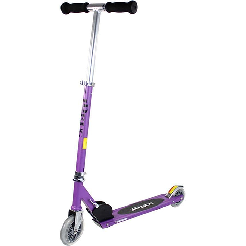 The JD Bug Junior Street MS100 Kids Foldable Kick Scooter in Matt Purple features black handlebars, silver metal accents, small wheels, and a deck with black grip tape. This lightweight and foldable design is perfect for kids' adventures.