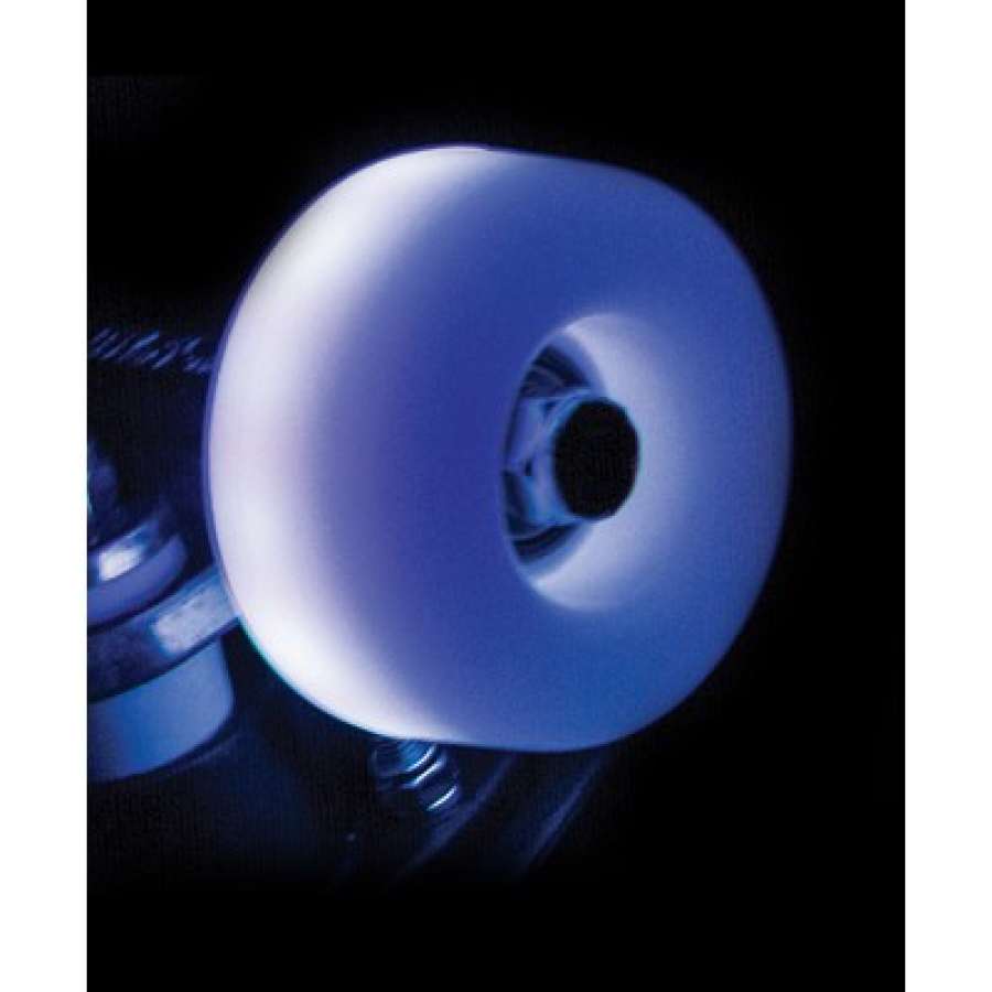 A close-up of a glowing white roller skate wheel with blue light from Rio Roller against a dark background. The wheel is illuminated, showcasing its smooth texture and central axle in the brand's signature style.