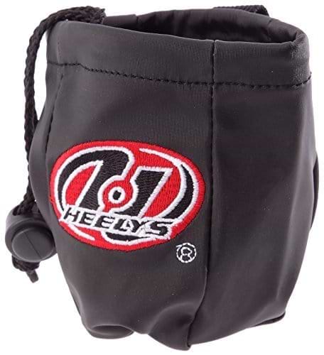 Black Heelys Wheel Holder Bag with a drawstring closure and an attachable clip, featuring a red and white embroidered "Heelys" logo. Ideal for storage, this versatile bag keeps your essentials secure on the go.