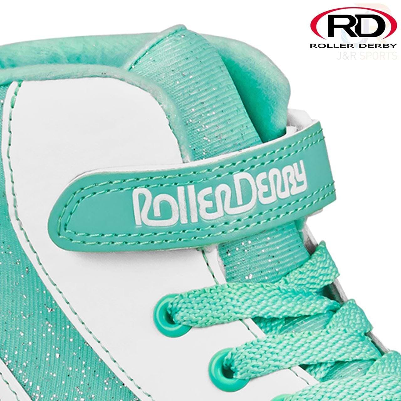A close-up of the Roller Derby Firestar V2 Quad Roller Skates in white and teal.