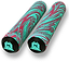 Introducing the Madd Gear MGP Swirls Grind Grips, designed for pro riders. These vibrant teal and red stunt scooter grips feature a striking swirl pattern and are crafted with a non-slip TPR compound texture. They measure 180mm in length and are finished with black caps adorned with a stylized turquoise "M" logo, providing both style and function.