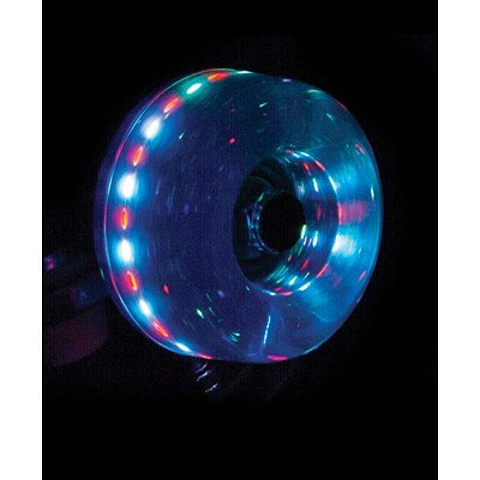 The Rio Roller Light Up 82A Quad Roller Skate Wheels in Blue Glitter (58mm x 33mm) shine with vibrant blue, red, and green LED lights as they spin, creating a brilliant glow in the dark.