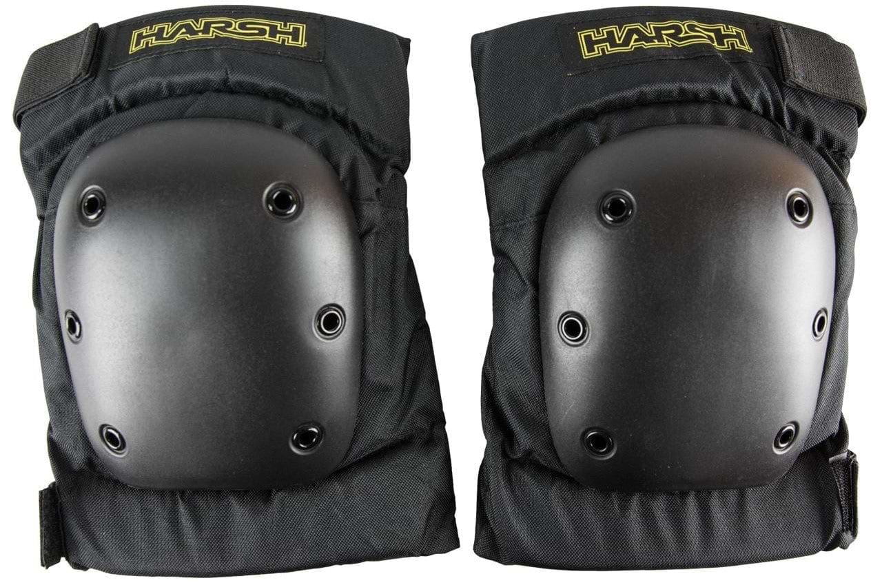 A pair of Harsh Pro Park Knee Skate Protection Pads in black features impact-resistant hard plastic shells and adjustable straps, with the brand name "Harsh" highlighted in yellow at the top. The durable design includes multiple rivets on each pad for added strength.