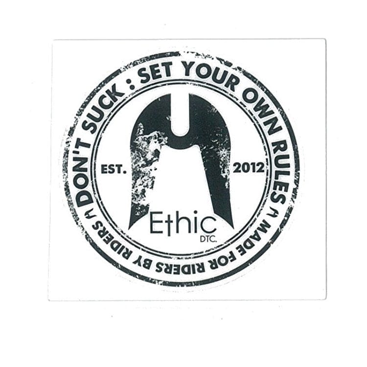 A circular sticker from Ethic showcases the striking message, "DON'T SUCK: SET YOUR OWN RULES." It proudly displays "Ethic DTC" at its center. On the left side, you'll find "EST. 2012," while the outer circumference proclaims, "MADE FOR RIDERS BY RIDERS," embodying a spirit of independence and passion.