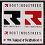 The image showcases design elements for Root Industries, prominently displaying their black and red logo. The text "Root Industries" and "The Pursuit of Perfection" is featured on a sticker sheet named Root Industries The Pursuit of Perfection Sticker Sheet. The layout is symmetrical with multiple logo designs, ideal for personalizing your scooter.