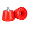 Introducing the Rookie All Star Toe Stops - Red by Rookie, designed in a vibrant red hue with cylindrical shapes. One toe stop stands upright, highlighting its metal bolt on top, while the other is positioned on its side to display its hollow interior. Crafted from polyurethane, these toe stops ensure controlled stops and boast a bright, glossy finish.