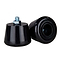 Two plastic cabinet legs with a glossy black finish resemble the Rookie All Star Toe Stops by Rookie. One stands upright, featuring a visible metal screw on top, while the other lays on its side, highlighting their rounded base designed for controlled stops.