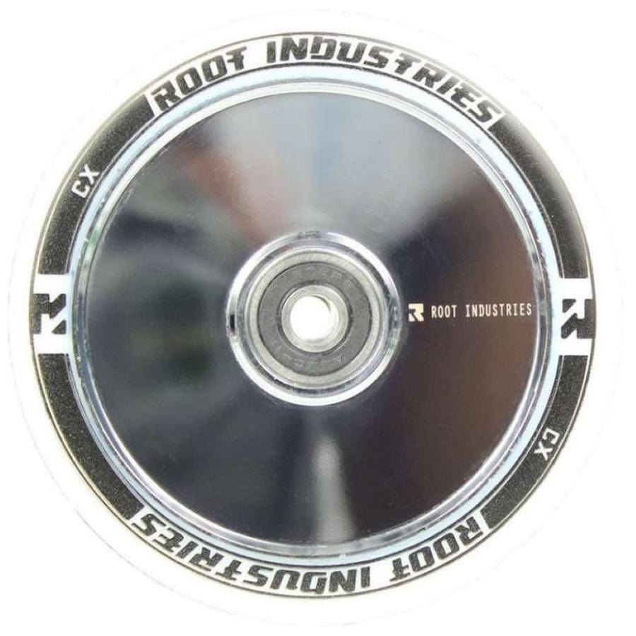 Close-up image of a Root Industries AIR Hollowcore 110mm stunt scooter wheel in White / Mirror Chrome Silver, featuring the brand's logo around the hub. This wheel showcases a sleek metallic finish and minimalist design, highlighting its advanced hollowcore technology.