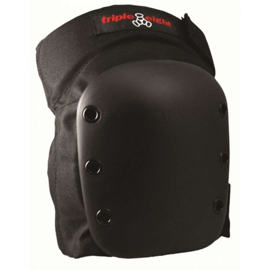 The Triple 8 Street 2-Piece Skate Protection Pad Set in black features knee pads with a hard protective shell and multiple rivets, designed specifically for skaters. The "Triple Eight" logo is prominently printed in red and white on the fabric above the shell. These sturdy and durable knee pads are ideal for sports or physical activities.