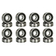 Sixteen Skates.co.uk ABEC 9 black skate bearings, neatly organized in two rows of eight, each standing upright on a flat surface like ready-for-action scooter bearings.