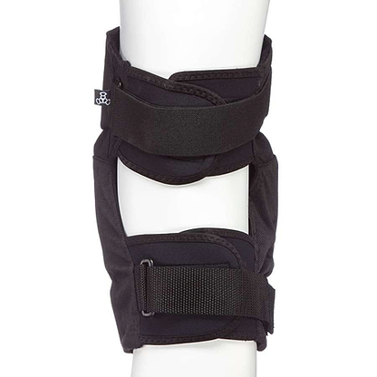 The Triple 8 KP 22 Knee Skate Protection Pads - Black is wrapped around a mannequin's leg. Designed by Triple 8, it features adjustable straps, reinforced support, and soft padding with EVA memory foam, making it ideal for skaters seeking injury recovery and joint stabilization.