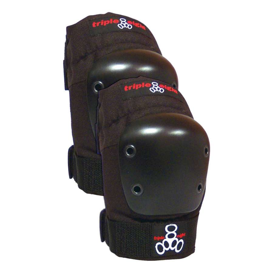 Introducing the Triple 8 EP 55 Elbow Skate Protection Pads in black, featuring protective impact-resistant caps and adjustable straps for a secure fit. The recognizable "Triple 8" logo is prominently displayed on the fabric. Designed for activities like skating or biking, these pads provide excellent protection and comfort.