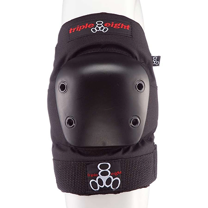 Black elbow protection pad with hard, impact-resistant cap and adjustable straps, featuring the "Triple 8" logo with white outlines.