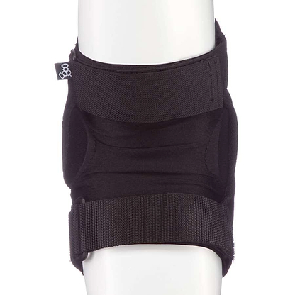 The Triple 8 EP 55 Elbow Skate Protection Pads in black are displayed on a mannequin's arm. These pads feature adjustable straps and impact-resistant caps, with reinforced padding and a small side tag showcasing the Triple 8 logo.
