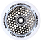 This close-up of the Root Industries Honeycore 110mm Stunt Scooter Wheel highlights its eye-catching honeycomb pattern within the mirror chrome metal core. The elegant white outer rim prominently features "Root Industries Honeycore" in bold black lettering, surrounding a precision central bearing.