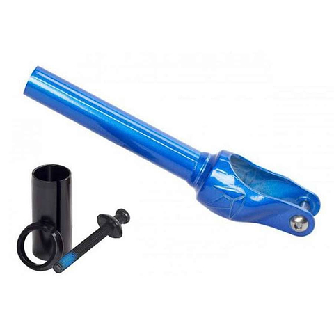 A Blunt Envy Colt IHC Stunt Scooter Fork in Trans Blue, featuring a black IHC compression ring and bolt set on a white background. The cylindrical-shaped fork includes a cutout for wheel attachment, paired with matching black accessories likely intended for assembly.