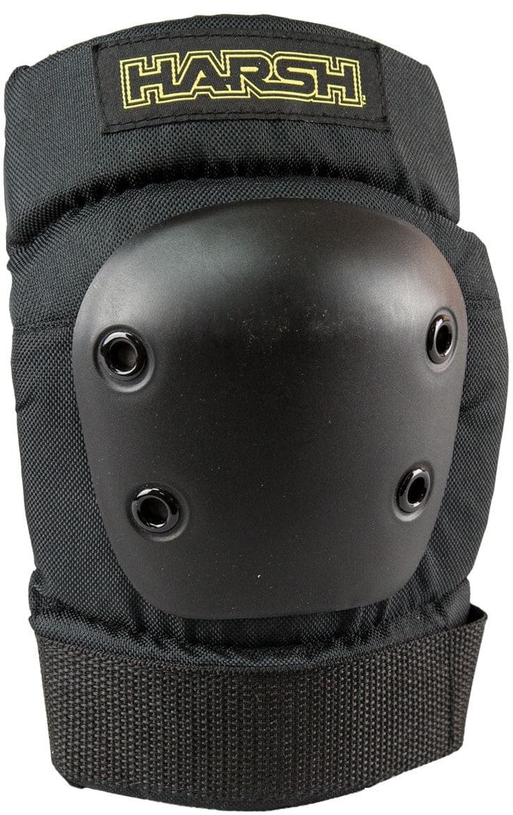 This is a black elbow pad, featuring a hard plastic shell and metal rivets, with the word "HARSH" in yellow lettering at the top. Designed by Harsh for impact resistance and exceptional durability, these elbow pads offer protection during activities such as skating or biking.