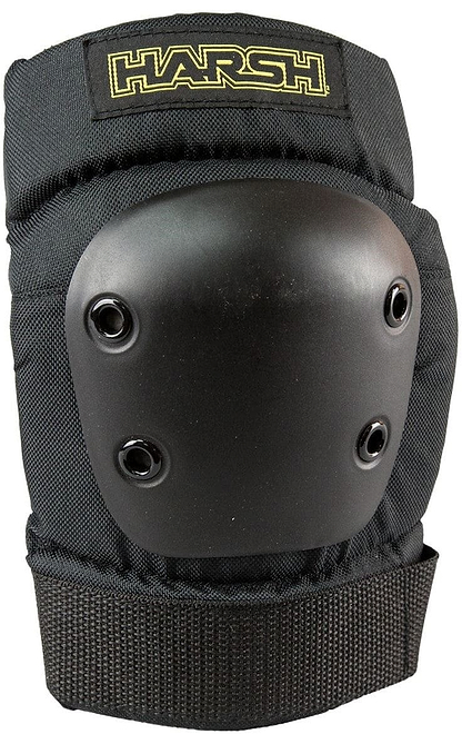 This is a black elbow pad, featuring a hard plastic shell and metal rivets, with the word "HARSH" in yellow lettering at the top. Designed by Harsh for impact resistance and exceptional durability, these elbow pads offer protection during activities such as skating or biking.