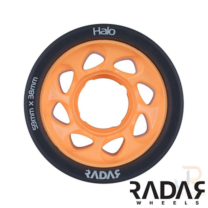 The Radar Halo 86A Roller Derby Wheels in Charcoal/Orange boast an eye-catching roller skate design that includes a distinct charcoal outer rim and vibrant orange core, accented with the "Halo" and "Radar" logos. These wheels feature an H-shaped hub tailored for optimal derby performance, with the dimensions 59mm x 38mm prominently displayed on the rim.