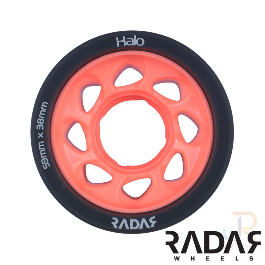 The Radar Halo 93A Roller Derby Wheel is a vibrant charcoal and pink wheel with six triangular cutouts. It features an H-shaped hub and a black outer edge inscribed with "Halo" and "59mm x 38mm." The Radar logo is prominently displayed in sleek black and white.