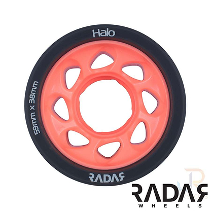 The Radar Halo 93A Roller Derby Wheel is a vibrant charcoal and pink wheel with six triangular cutouts. It features an H-shaped hub and a black outer edge inscribed with "Halo" and "59mm x 38mm." The Radar logo is prominently displayed in sleek black and white.